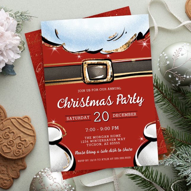 Invitación Fiesta de Navidades de Santa Belly moderno festivo (Elegant modern santa belly christmas party invitation for gift exchange corporate holiday party)