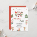 Invitación Fiesta de Navidades de Santa Claus Festividad Mode<br><div class="desc">Nuestro diseño incluye una pintura acuarela de una escena de Navidades festivos con Santa, elfos, una abuela, un hombre de pan de jengibre y un reno. La imagen se coloca sobre un fondo blanco con estrellas rojas dispersas. El diseño es de estilo caprichoso, con un toque de encanto vintage. Si...</div>