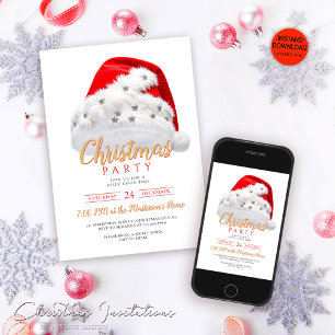 Invitación Fiesta de Navidades de Santa Hat con guión de oro