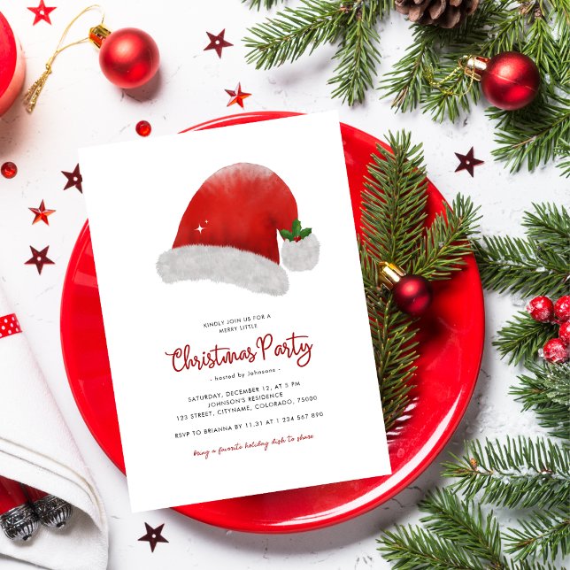 Invitación Fiesta de Navidades de Santa Hat Holly Berries (Subido por el creador)