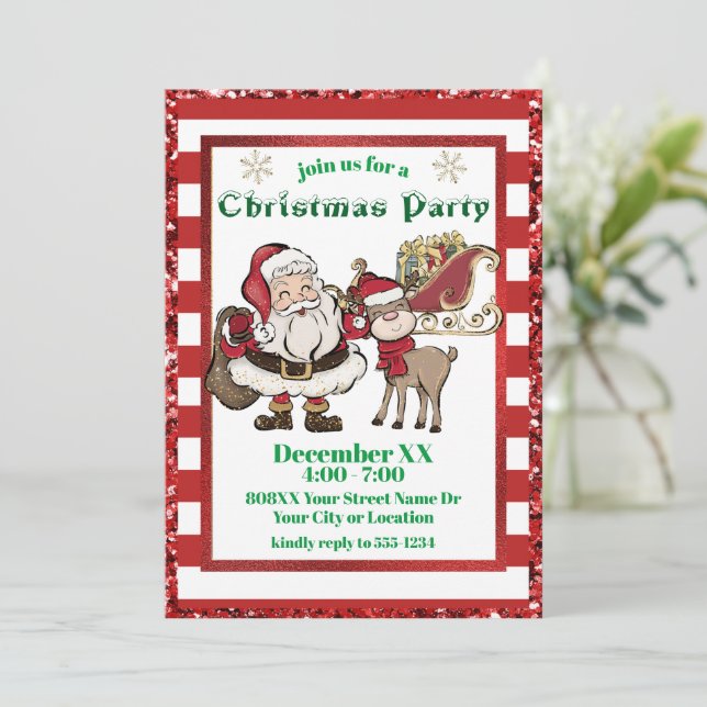 Invitación Fiesta de Navidades de Santa y Rudolph Candy Cane (Anverso de pie)