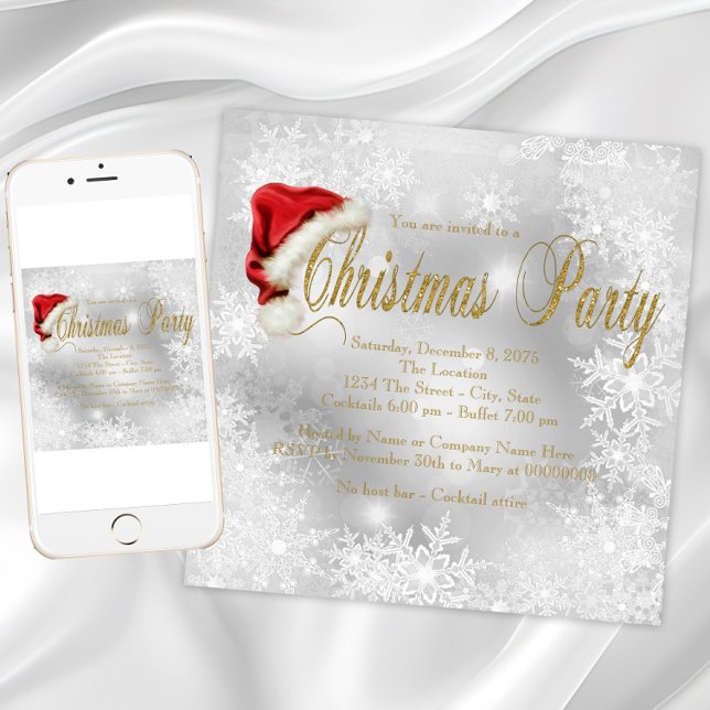 Invitación Fiesta de Navidades de Snowflake de Santa Hat (Santa hat snowflake Christmas party invitations. Instant download and printed invitations available.)