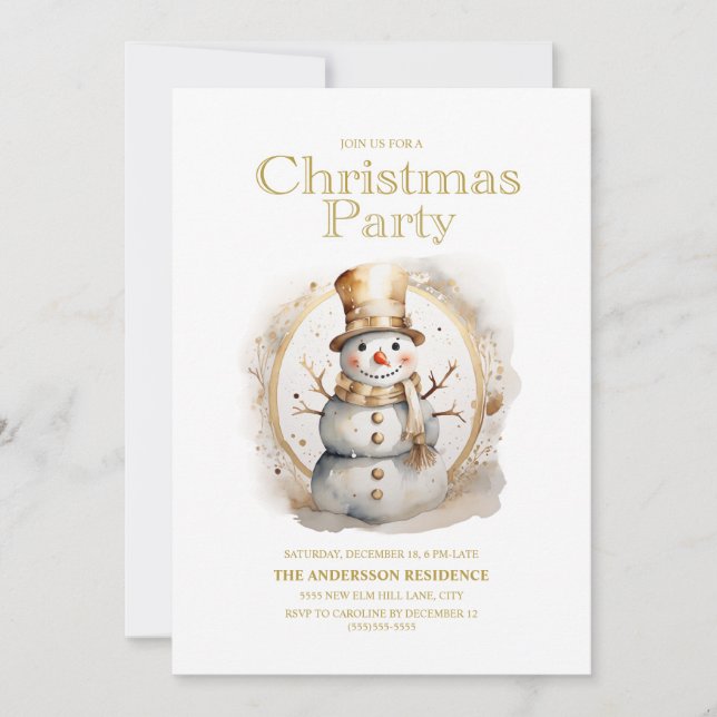 Invitación Fiesta de Navidades de Snowman blancos de oro vint (Anverso)
