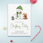 Invitación Fiesta de Navidades de Snowman verde festivo<br><div class="desc">Un muñeco de nieve lindo con animales Navidades invitan a tu próxima celebración de vacaciones. Complementada con hermosas letras y colores,  esta invitación será una delicia para adultos y niños. Ilustrado y diseñado por Patricia Álvarez.</div>