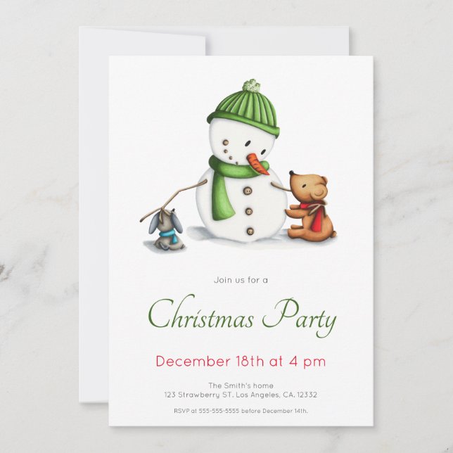 Invitación Fiesta de Navidades de Snowman verde lindo (Anverso)
