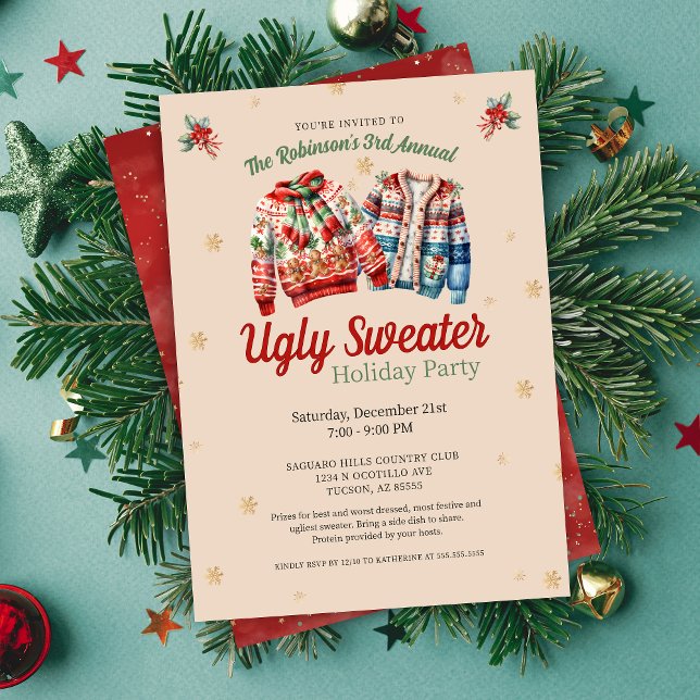 Invitación Fiesta de Navidades de suéter feo anual festivo (festive ugly christmas sweater party invitations for corporate work office or school family party)