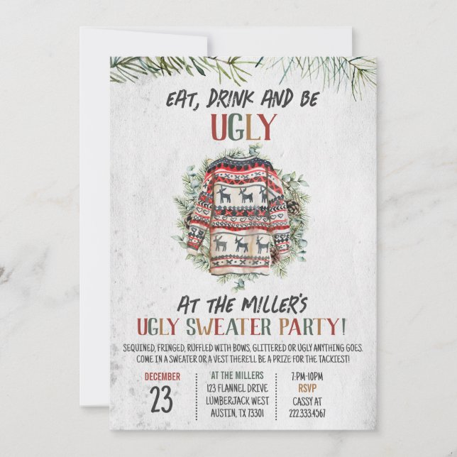 Invitación Fiesta de Navidades de suéter feo y ruso (Anverso)