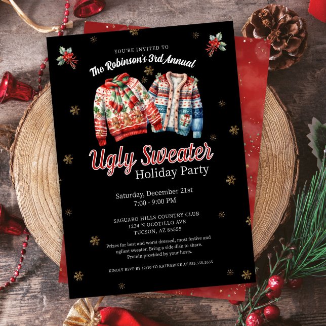 Invitación Fiesta de Navidades de suéter negro festivo anual  (Festive sparkling ugly sweater contest holiday christmas party invitation for work corporate home)