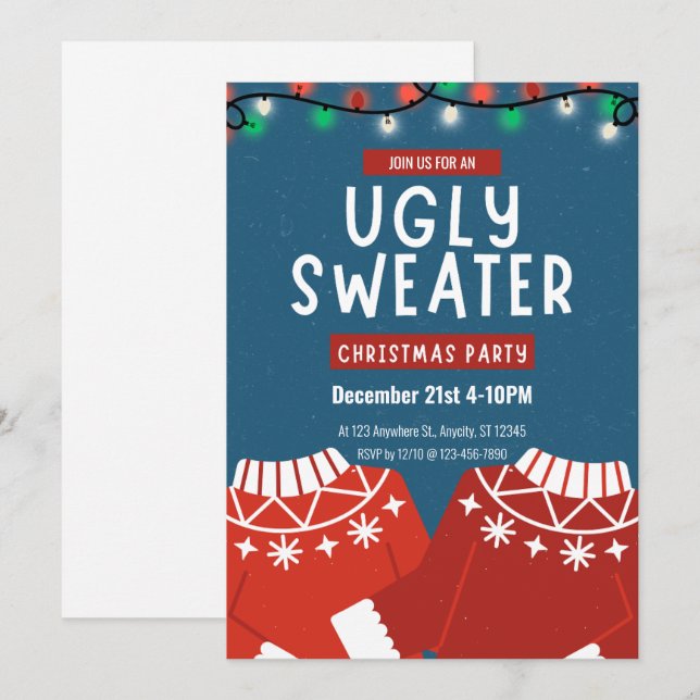 Invitación Fiesta de Navidades de suéter retro feo (Anverso / Reverso)