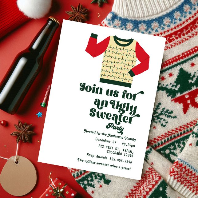 Invitación Fiesta de Navidades de suéter retro feo (Retro Ugly Sweater Christmas Party Invitation)