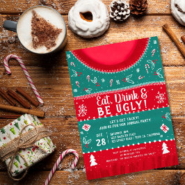 Invitación Fiesta de navidades de suéter rojo y verde kitscos
