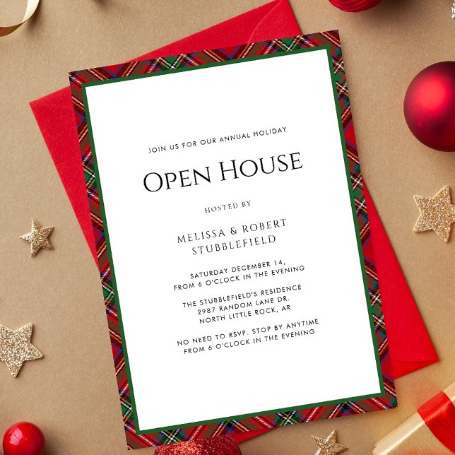 Invitación Fiesta de Navidades de Tartán en la Casa Abierta R (Rustic Plaid Christmas Open House Invitation)