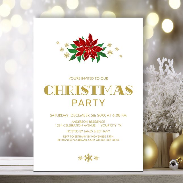 Invitación Fiesta de Navidades de texto Red Poinsettia Gold (Subido por el creador)
