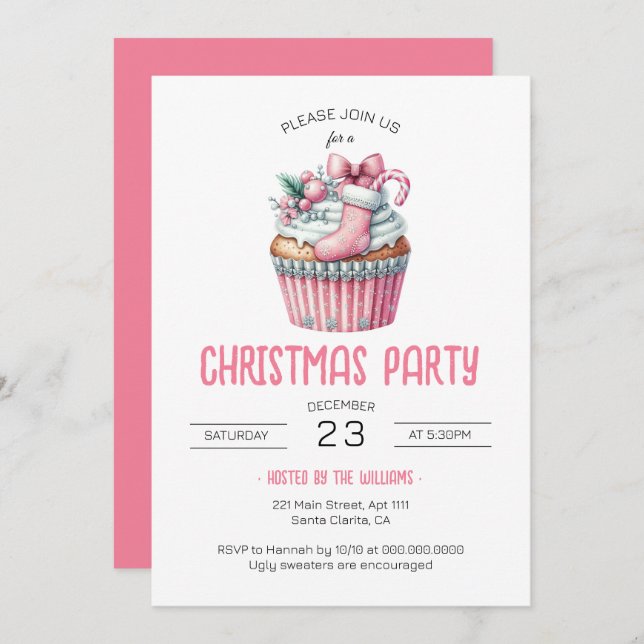 Invitación Fiesta de Navidades de torta rosada Coquette (Anverso / Reverso)