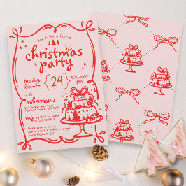 Invitación Fiesta de Navidades de vaca rosada y roja con mano