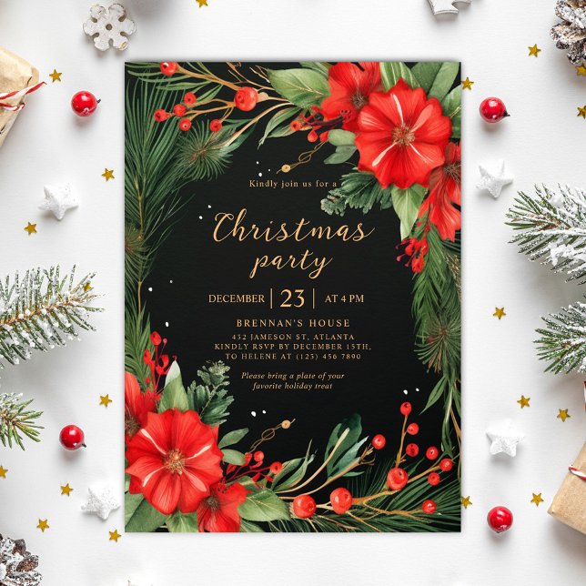 Invitación Fiesta de Navidades de vacaciones botánicas rojas  (Green Red Botanical Holiday Christmas Party Invitation)