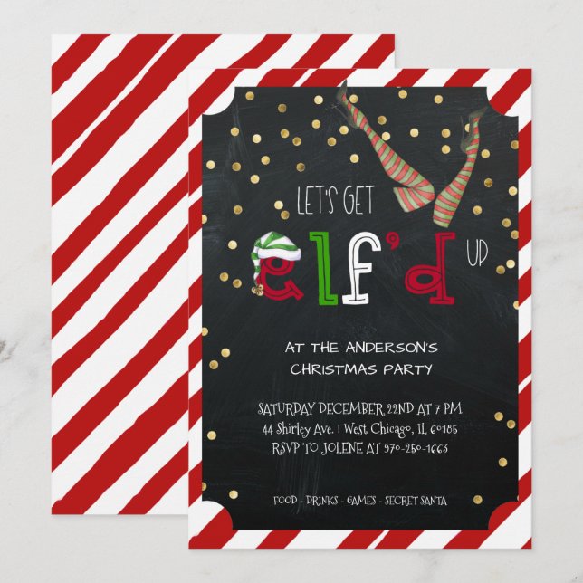 Invitación Fiesta de Navidades de vacaciones con tema Elf (Anverso / Reverso)