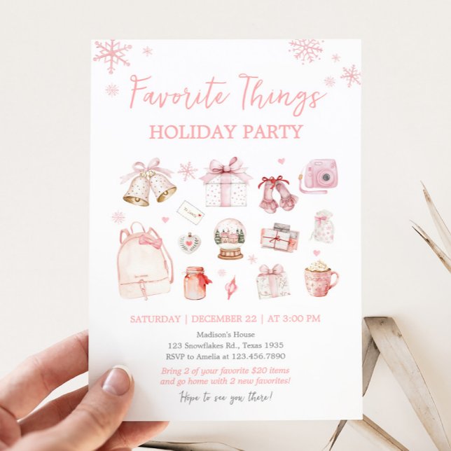 Invitación Fiesta de Navidades de vacaciones de cosas favorit (Pink Holiday Favorite Things Christmas Party Invitation)