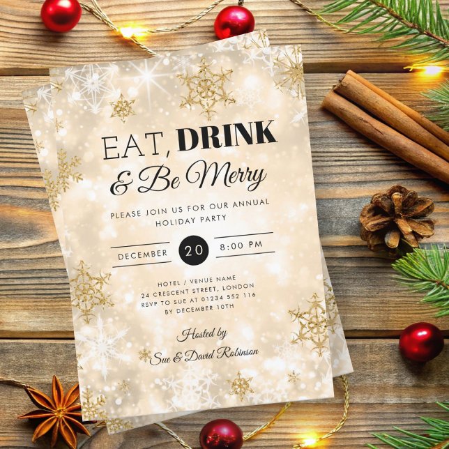 Invitación Fiesta de Navidades de vacaciones de invierno "Com (Winter "Eat & Drink" Gold Holiday Christmas Party Invitation)