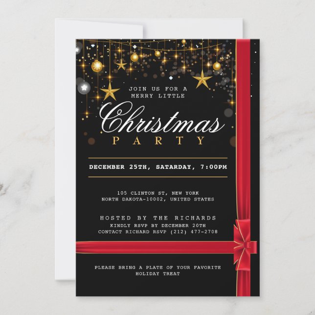 Invitación Fiesta de Navidades de vacaciones elegante negro r (Anverso)