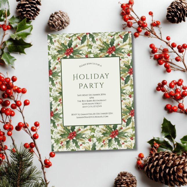 Invitación Fiesta de Navidades de vacaciones Red Berries Gree (Red Berries Holly leaves Christmas Holiday party invitation. Business Corporate. Printed or Digital)
