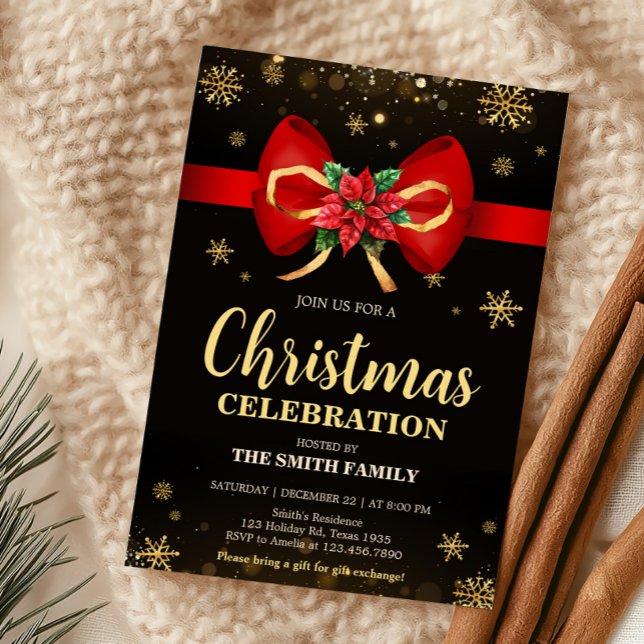Invitación Fiesta de Navidades de vacaciones Red Gold Elegant (Elegant Bow Holiday Christmas Party Invitation)
