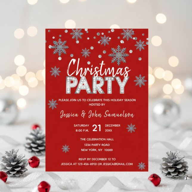Invitación Fiesta de NAVIDADES de vacaciones RED Silver con c (Snowflakes RED Silver Holiday CHRISTMAS PARTY Invitation)