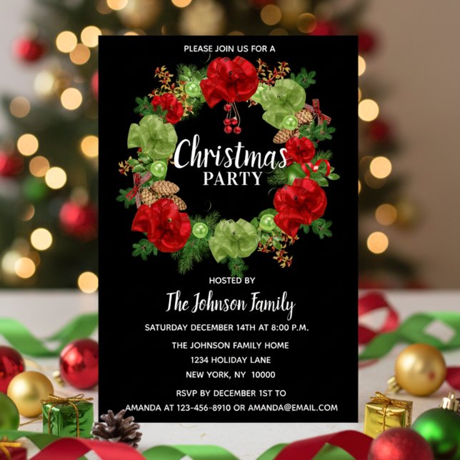 Invitación Fiesta de NAVIDADES de vacaciones Wreath blanco ro (Holiday CHRISTMAS PARTY Wreath Black Red White Invitation)