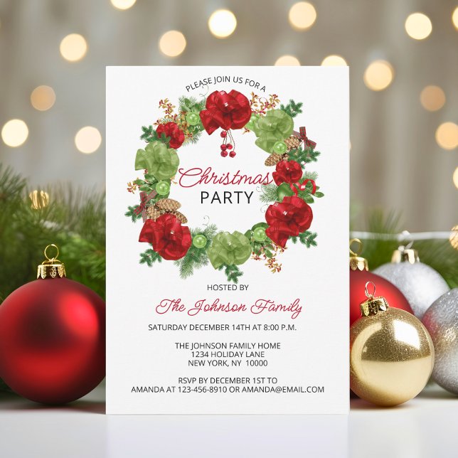 Invitación Fiesta de NAVIDADES de vacaciones Wreath White Red (Holiday CHRISTMAS PARTY Wreath White Red Green Invitation)