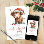 Invitación Fiesta de Navidades de vacas de la Santa Highland<br><div class="desc">Fiesta de Navidades de vacas de Santa Highland. Disponible digitalmente e impreso. La amabilidad festiva,  con este divertido diseño con una dulce vaca de las tierras altas en su sombrero de Santa. El Fiesta de navidades está en un guión moderno. Personaliza fácilmente el resto del texto a tus detalles.</div>
