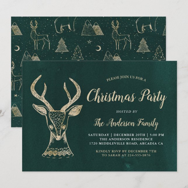 Invitación Fiesta de Navidades de venados de Woodland Green G (Anverso / Reverso)