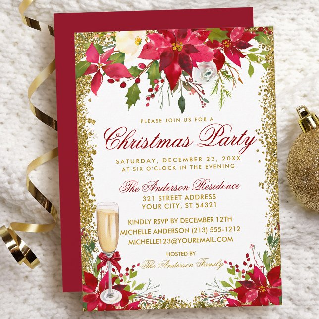 Invitación Fiesta de Navidades de vidrio de Poinsettia Floral (Customize to change text color, size, style or to change color of back of card.)