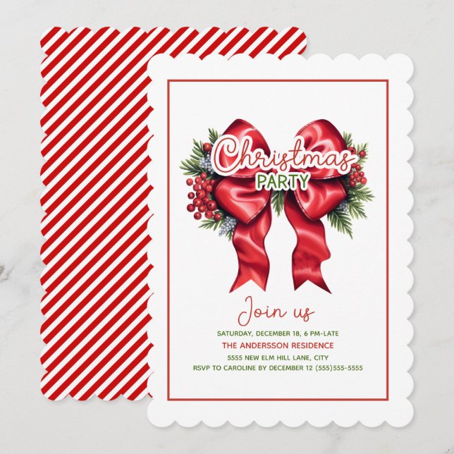 Invitación Fiesta de Navidades de vieira Red Bow Holly Berrie (Anverso / Reverso)