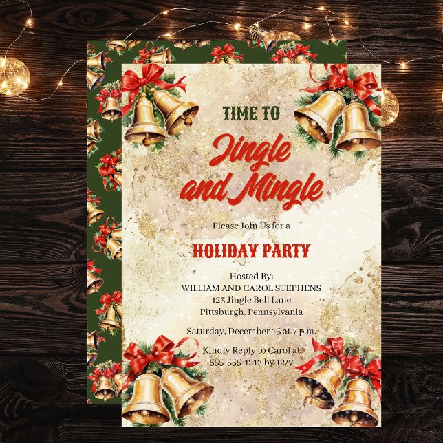 Invitación Fiesta de Navidades de Viñetas y Mingle Bells (Christmas "Time to Jingle and Mingle" Holiday Party Vintage Bells Invitation)