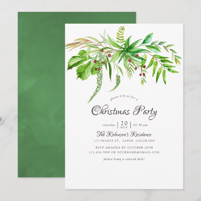 Invitación Fiesta de Navidades de Watercolor Forest Greenery (Anverso / Reverso)