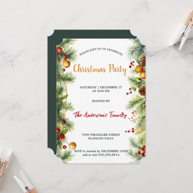 Invitación Fiesta de Navidades de Watercolor Garland Pine & B (Anverso/Reverso In Situ)