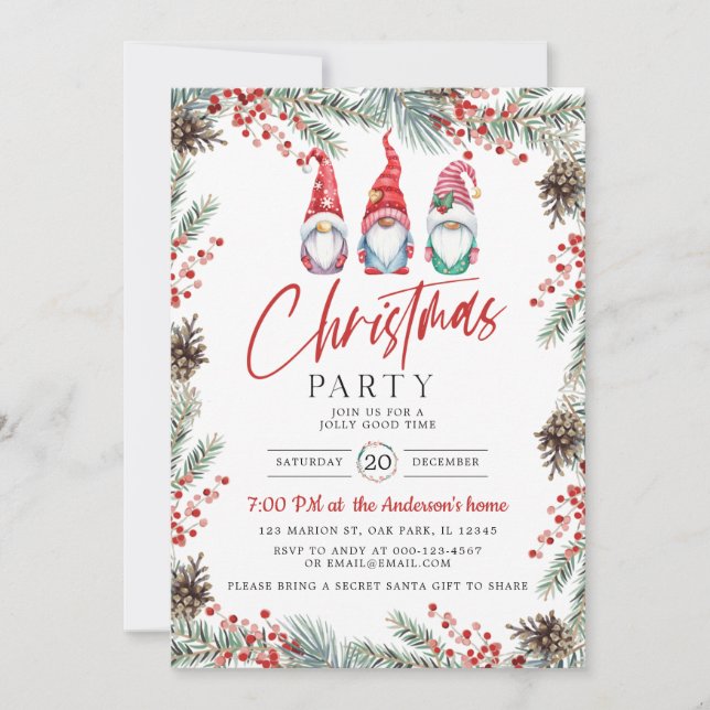Invitación Fiesta de Navidades de Watercolor Gnome Holly Berr (Anverso)
