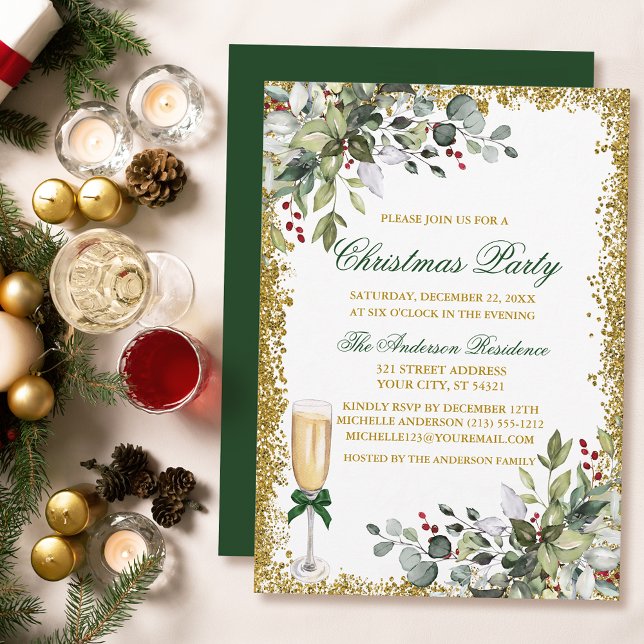 Invitación Fiesta de Navidades de Watercolor Greenery Berries (Customize to change text color, size, style or to change color of back of card.)