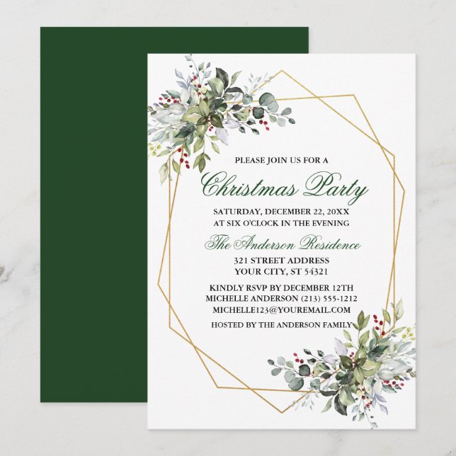 Invitación Fiesta de Navidades de Watercolor Greenery Berries (Anverso / Reverso)