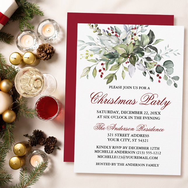 Invitación Fiesta de Navidades de Watercolor Greenery Red Ber (Customize to change text color, size, style or to change color of back of card.)