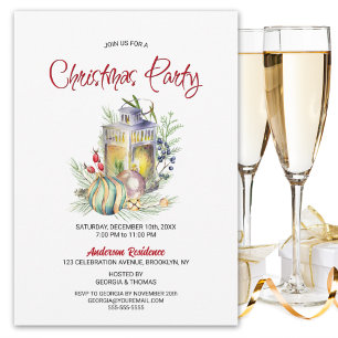 Invitación Fiesta de Navidades de Watercolor Lantern y Bauble