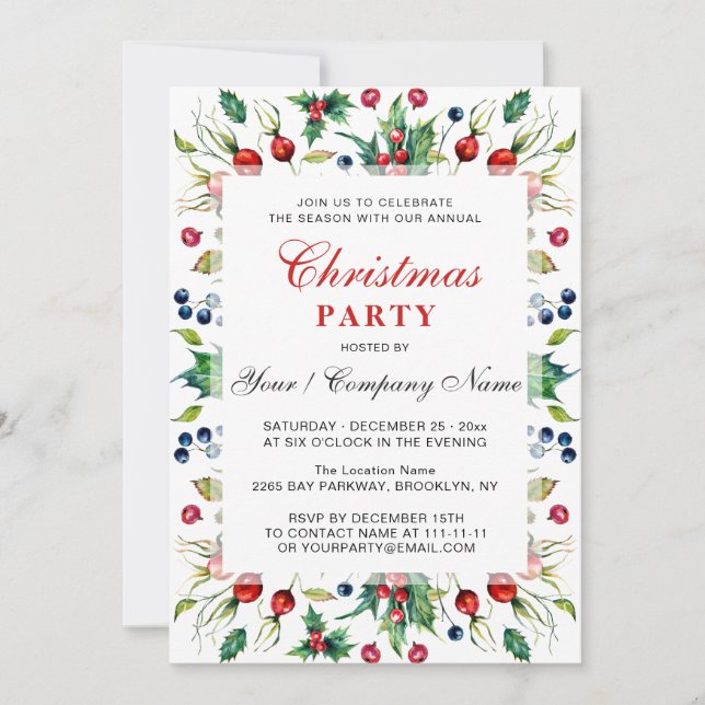 Invitación Fiesta de Navidades de Watercolor Red Holly Berry (Anverso)