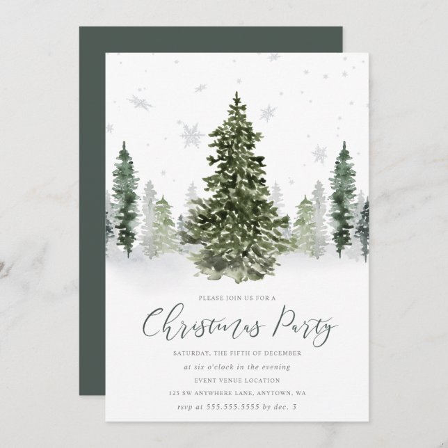 Invitación Fiesta de Navidades de Watercolor Winter Forest (Anverso / Reverso)