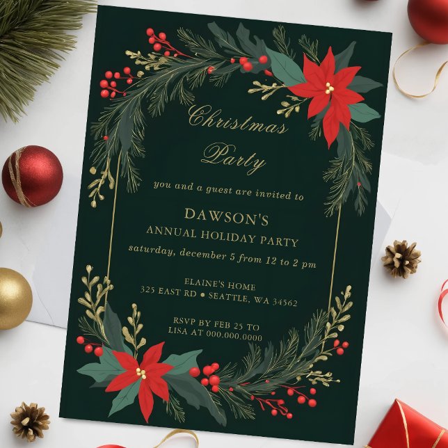 Invitación Fiesta de Navidades de Winter Floral Green Gold (Winter Floral Green Gold Christmas Party Invitation)