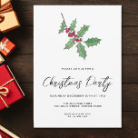 Invitación Fiesta de Navidades de Winter Holly Berries en esc<br><div class="desc">Invite a la familia y amigos a su fiesta Navidad con esta invitación festiva moderna y sencilla. Está decorado con tonos de agua verde,  bayas rojas y una tipografía de escritura elegante. Personalizable fácil. Acuarela original © Michele Davies.</div>