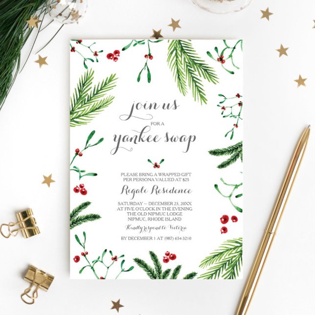 Invitación Fiesta de Navidades de Winter Red and Green Pine B (Yankee swap invitations )