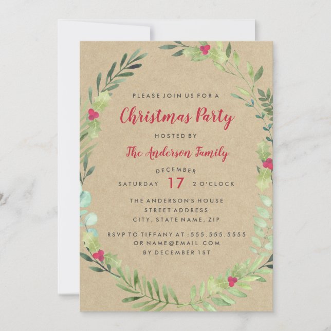 Invitación Fiesta de Navidades de Wreath de color de agua fes (Anverso)
