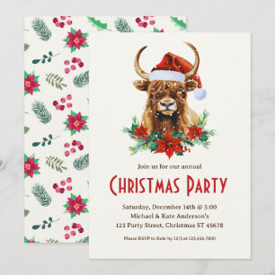 Invitación Fiesta de Navidades de Yak Santa Hat Red Poinsetti