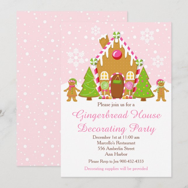 Invitación Fiesta de Navidades decorativos de Casa de Gingerb (Anverso / Reverso)