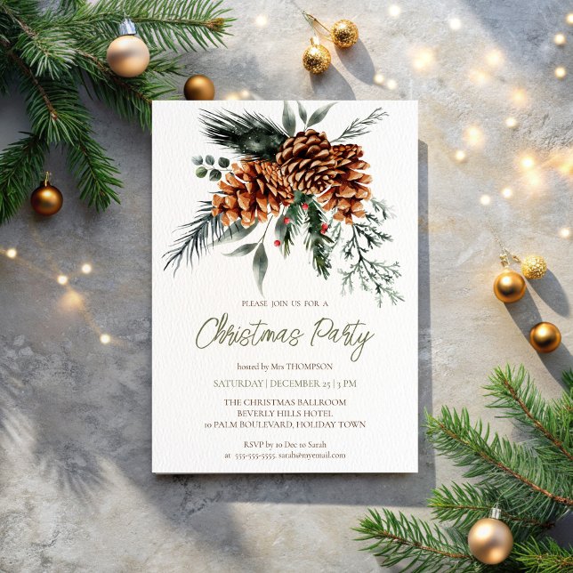 Invitación Fiesta de Navidades del boho botánico ruso (Rustic Botanical bohemian  Christmas Party Invitation template pinecones pines winter composition)